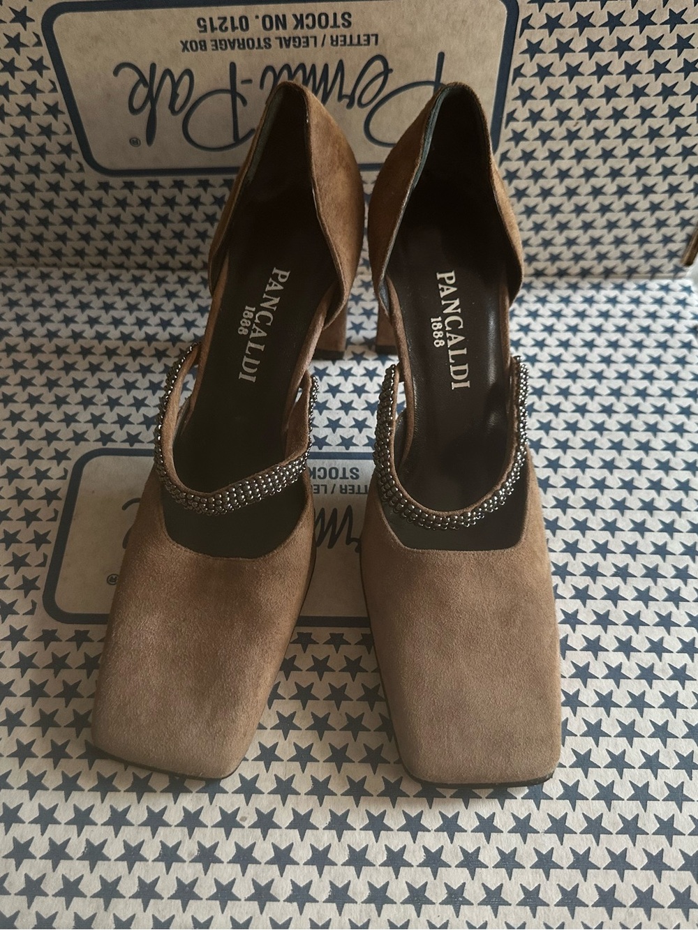 Vintage Pancaldi Taupe Suede Mary-Jane Heels with Crystal Strap